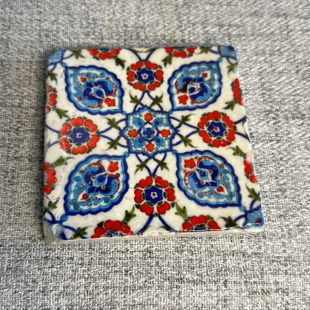 Turkish Stone Coasters: Bohemian Blue Floral Decor, Set of 4- NWOT